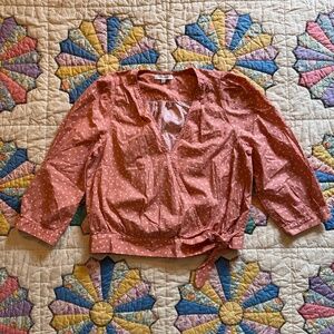Madewell Star Print Wrap Blouse Cropped V Neck 3/4 Sleeve 100% Cotton Coral M